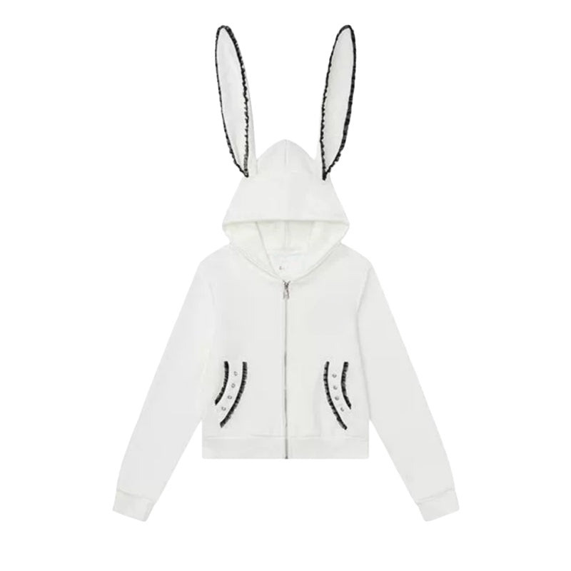 Cartoon Bunny-Ear Hoodie – Pure White