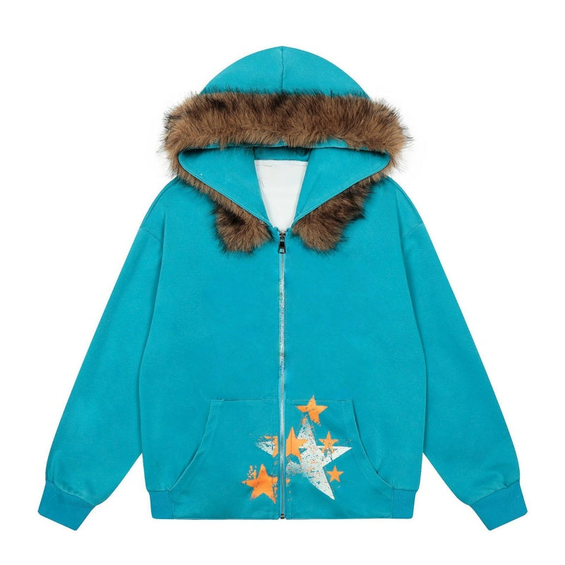 Trendy Patterned Hoodie with Cozy Faux Fur Collar