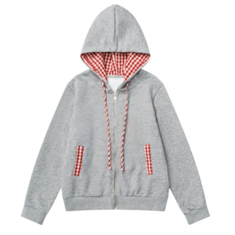 Sleek Hoodie – Gray Plaid Patchwork Style