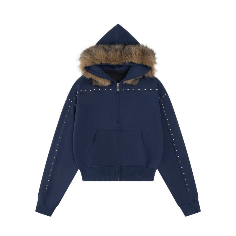 Vintage-Inspired Studded Hoodie with Faux Fur