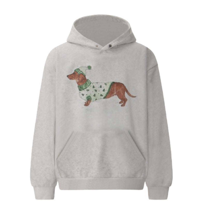 Gray Hip-Hop Hoodie with Dachshund Puppy Print